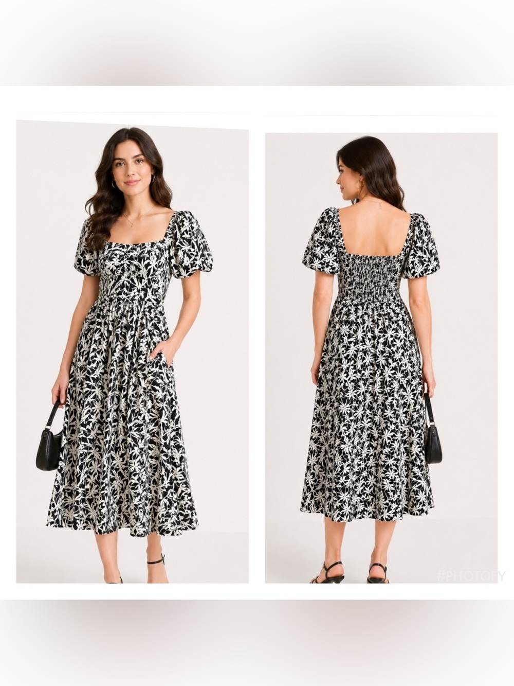 A New Day Black & White Floral Smocked Midi Dress Short Sleeve Sweetheart Sz 6